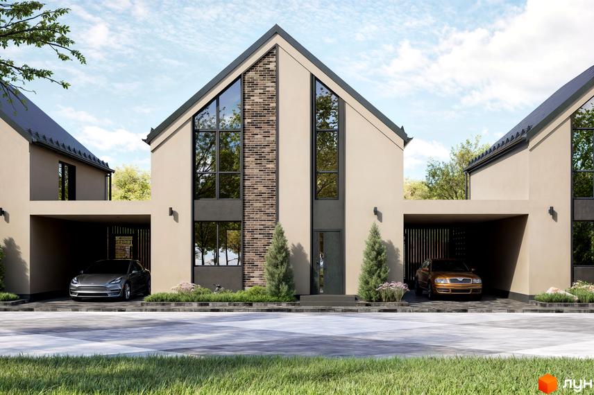 Котеджне містечко Ovillas: фасади будинків з панорамними вікнами та цегляними вставками, прибудинкова територія з авто та деревами.