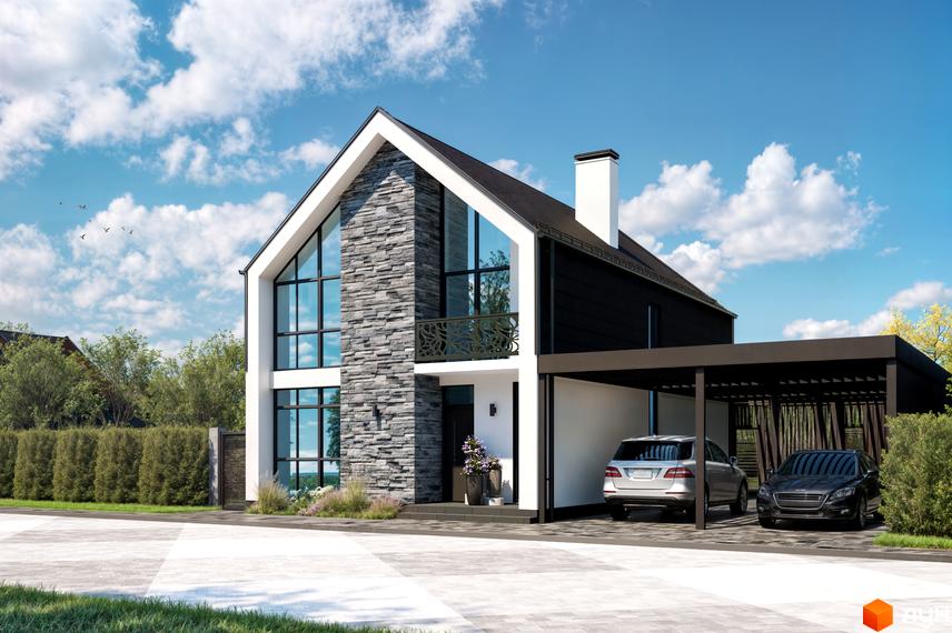 Котеджне містечко Ovillas: двоповерховий будинок з панорамними вікнами, кам'яним оздобленням та навісом для автомобілів. Прибудинкова територія з доглянутим газоном та паркуванням.