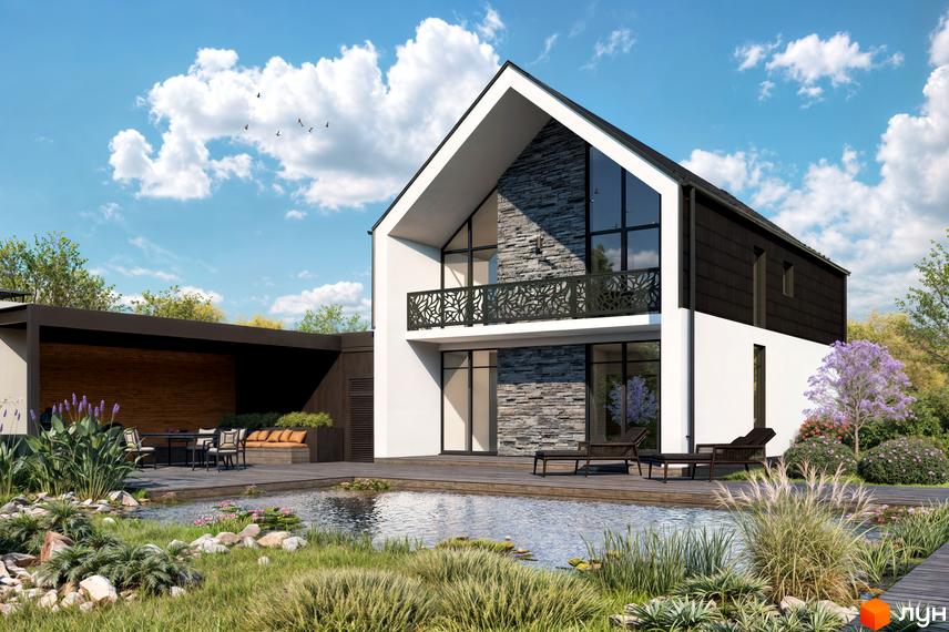 Котеджне містечко Ovillas: двоповерховий будинок з панорамними вікнами та балконом, поруч озеро та зелена зона.