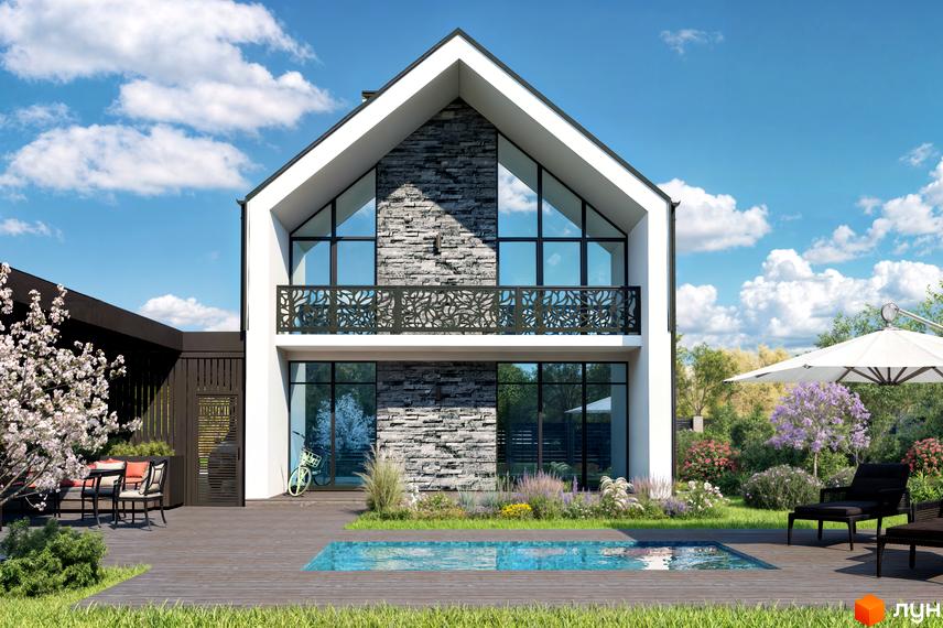 Котеджне містечко Ovillas: двоповерховий будинок з панорамними вікнами та балконом, басейн та зона відпочинку на дерев'яній терасі.