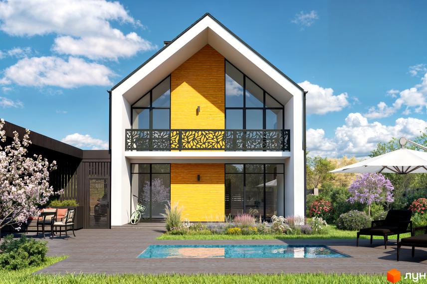 Котеджне містечко Ovillas з великими панорамними вікнами та дерев'яними елементами фасаду, з басейном та зоною відпочинку на прибудинковій території.