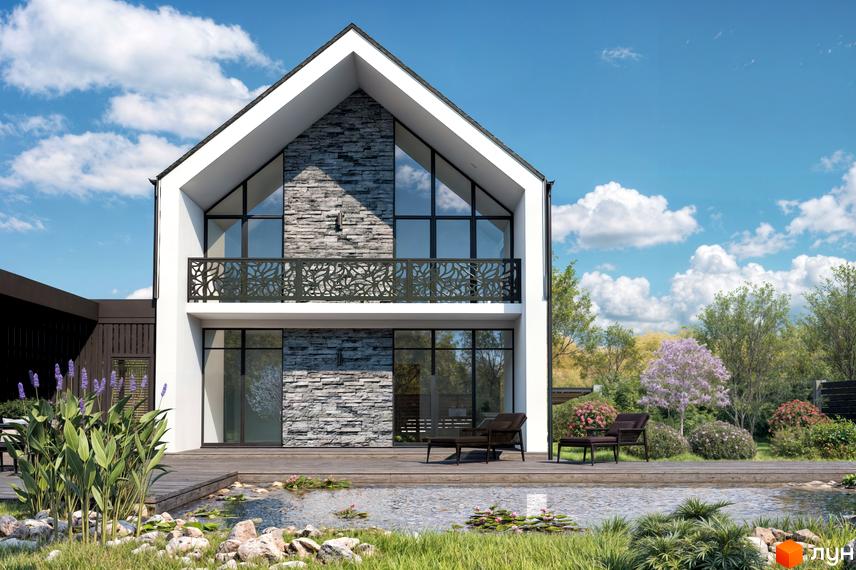 Котеджне містечко Ovillas: двоповерховий будинок з великими вікнами та балконом, оточений зеленню та водоймою.