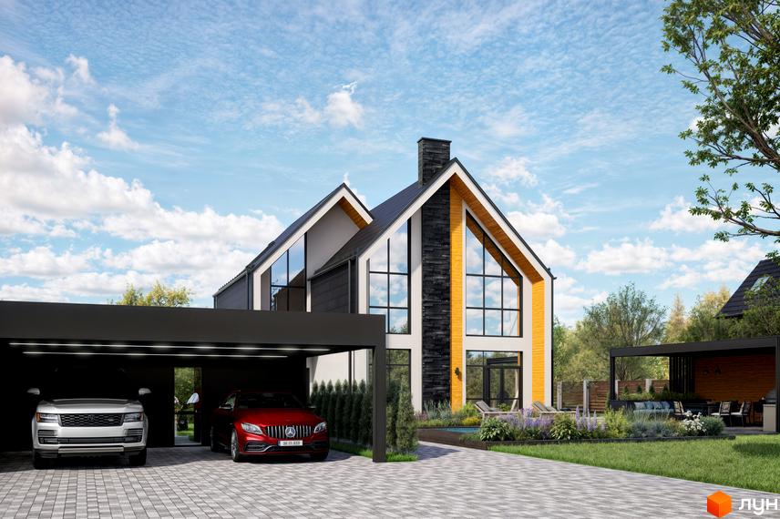 Котеджне містечко Ovillas з двома автомобілями під навісом та зоною відпочинку з басейном. Фасад будинку оздоблений каменем та деревом.