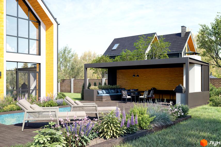 Котеджне містечко Ovillas: жовтий двоповерховий будинок з великими вікнами та терасою з зоною барбекю та басейном.