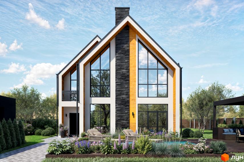 Котеджне містечко Ovillas: двоповерховий будинок з панорамними вікнами та кам'яним фасадом, зелена прибудинкова територія з квітами та зоною відпочинку.