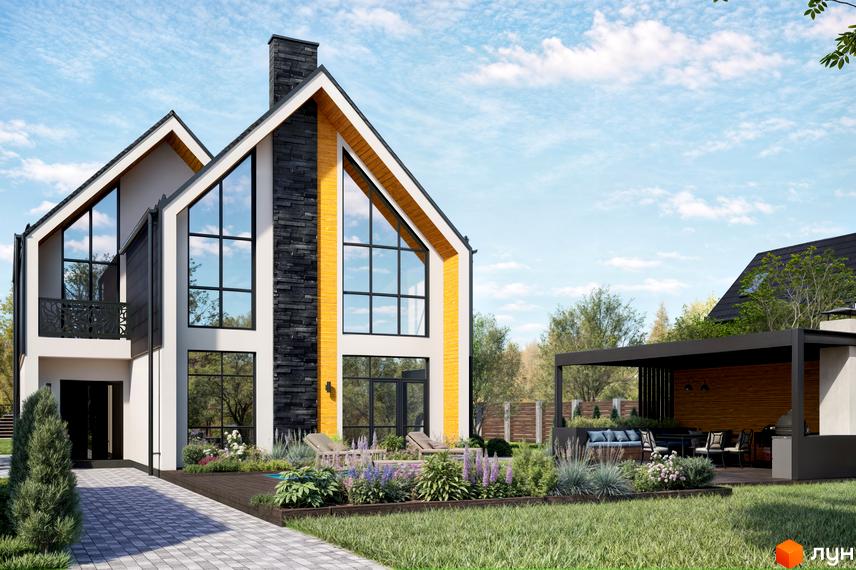 Котеджне містечко Ovillas з великими панорамними вікнами та кам'яним фасадом, з зоною відпочинку та барбекю на прибудинковій території.