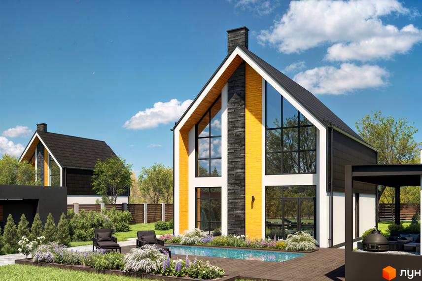 Котеджне містечко Ovillas з великими панорамними вікнами та зоною відпочинку біля басейну. На території розташовані два будинки з темним дахом та жовтими фасадами.