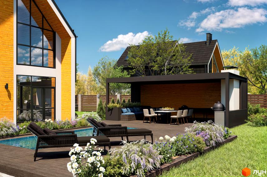 Котеджне містечко Ovillas: жовтий двоповерховий будинок з великими вікнами та зоною відпочинку біля басейну з шезлонгами.