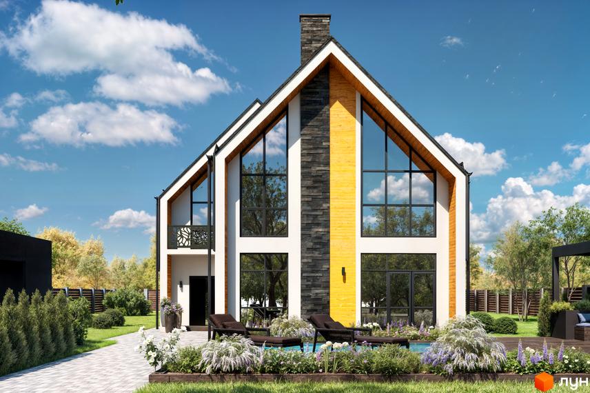 Котеджне містечко Ovillas: двоповерховий будинок з великими вікнами та каміном, поруч басейн та зона відпочинку.