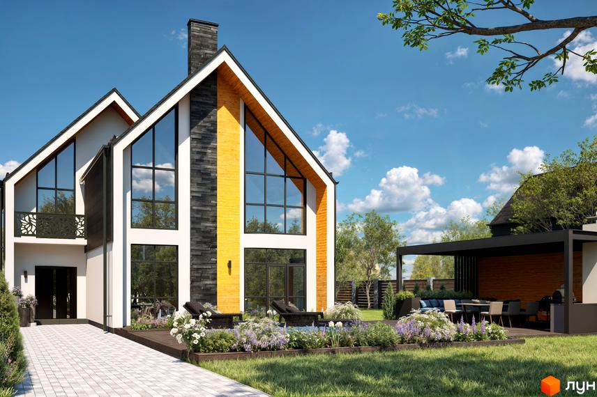 Котеджне містечко КМ Ovillas. Зовнішній вигляд будинку з великими вікнами та кам'яним фасадом, прибудинкова територія з терасою та зоною відпочинку.