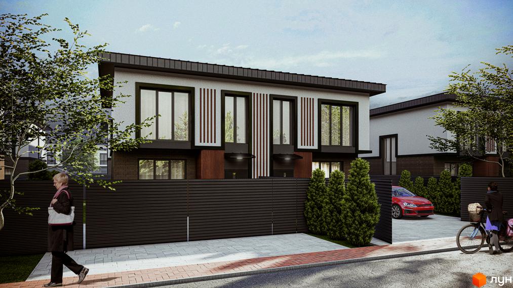 Зовнішній вигляд котеджного містечка КМ Garden Village Petropavlivka з фасадами білого кольору, темним дахом та великими вікнами. Прибудинкова територія з доглянутими зеленими насадженнями та автомобілем.