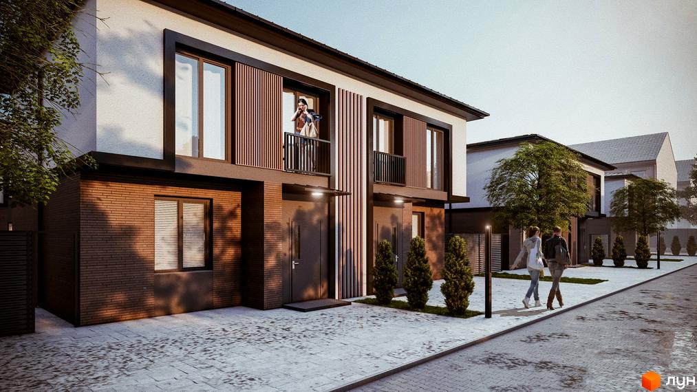 Котеджне містечко КМ Garden Village Petropavlivka. Зовнішній вигляд будинків з цегляним фасадом та балконами, прибудинкова територія з доріжками та деревами.