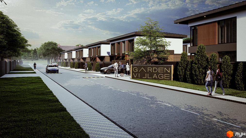 Котеджне містечко Garden Village Petropavlivka: сучасні будинки з великими вікнами та доглянута прибудинкова територія з дорогою та газонами.