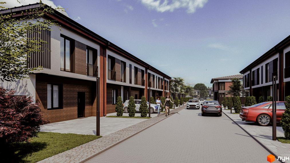 Котеджне містечко КМ Garden Village Petropavlivka. Зовнішній вигляд двоповерхових будинків з цегляними фасадами та прибудинкова територія з доглянутим газоном і бруківкою.