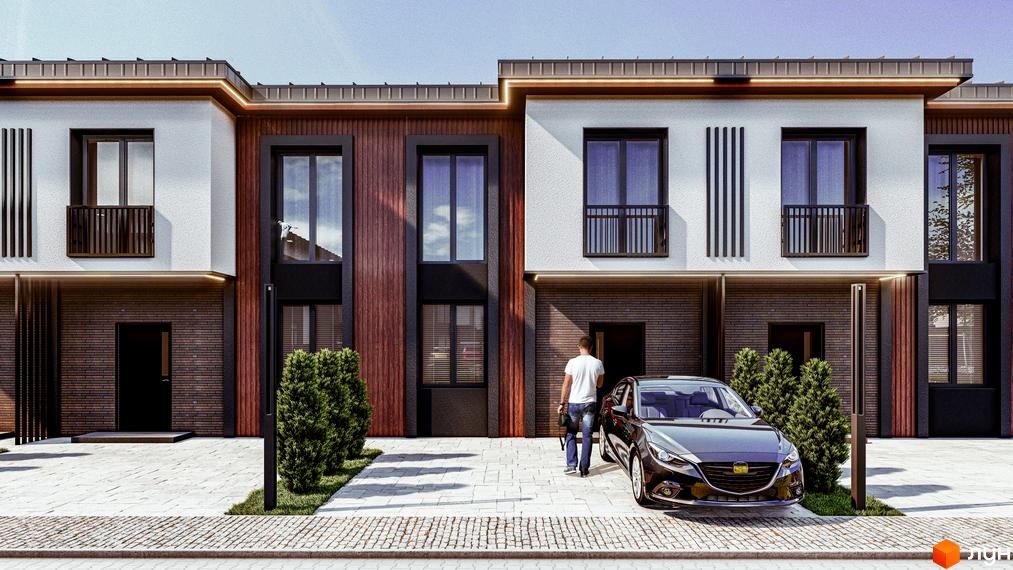 Котеджне містечко Garden Village Petropavlivka: фасади будинків з дерев'яними елементами та білою штукатуркою, прибудинкова територія з автомобілем та зеленими насадженнями.