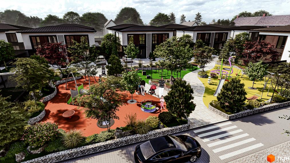 Котеджне містечко КМ Garden Village Petropavlivka. Сучасні будинки з великими вікнами та доглянутою прибудинковою територією з дитячим майданчиком.