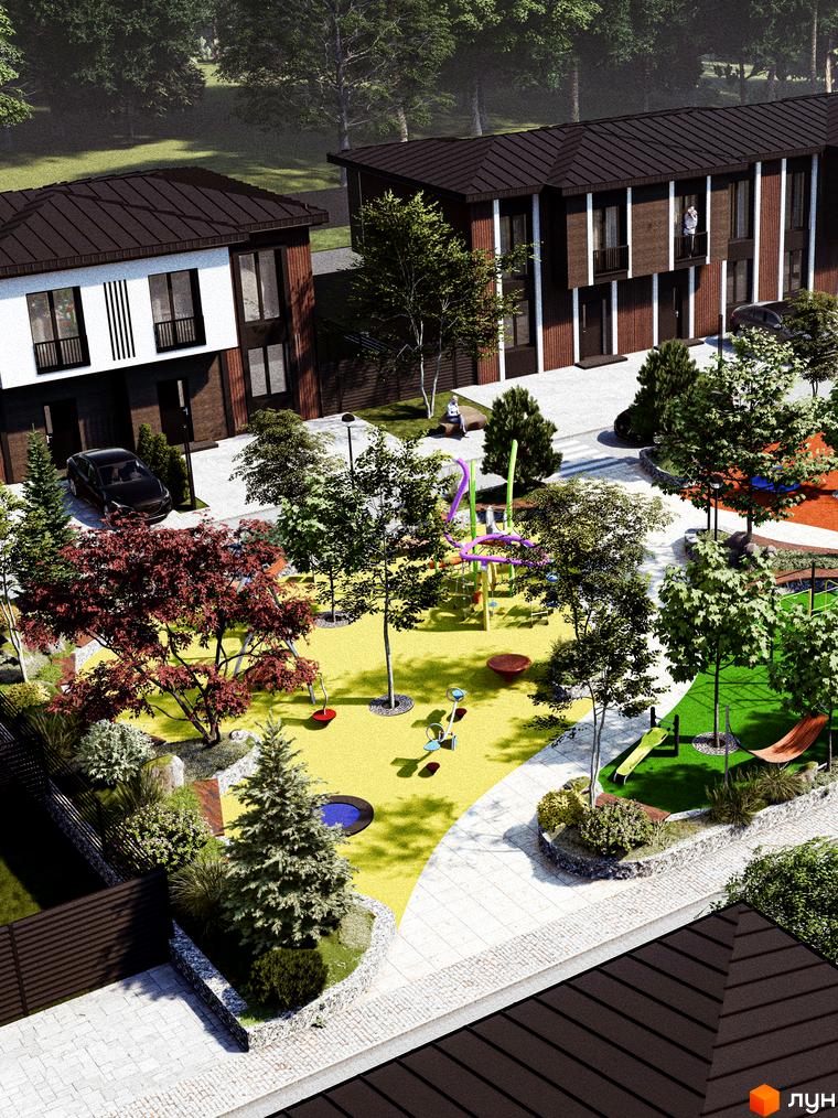 Котеджне містечко Garden Village Petropavlivka. Сучасні будинки з коричневими дахами та білими фасадами, поруч дитячий майданчик із зеленим газоном та деревами.