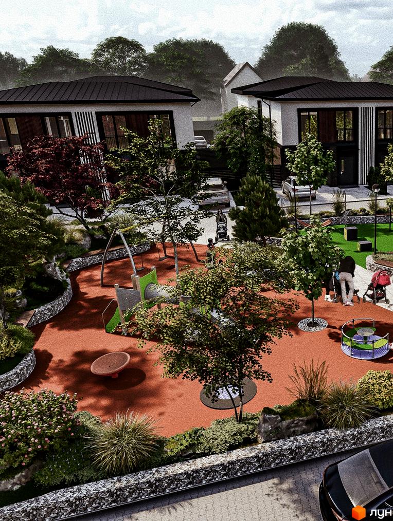 Котеджне містечко КМ Garden Village Petropavlivka. Сучасні будинки з чорними дахами та великими вікнами на тлі зелені та дитячого майданчика.