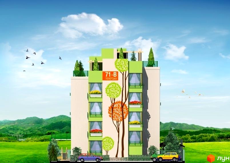 Зображення будинку в Житловому комплексі Квітневий Дім. Багатоповерхівка з балконами, прикрашена малюнками дерев, на фоні зеленого ландшафту.