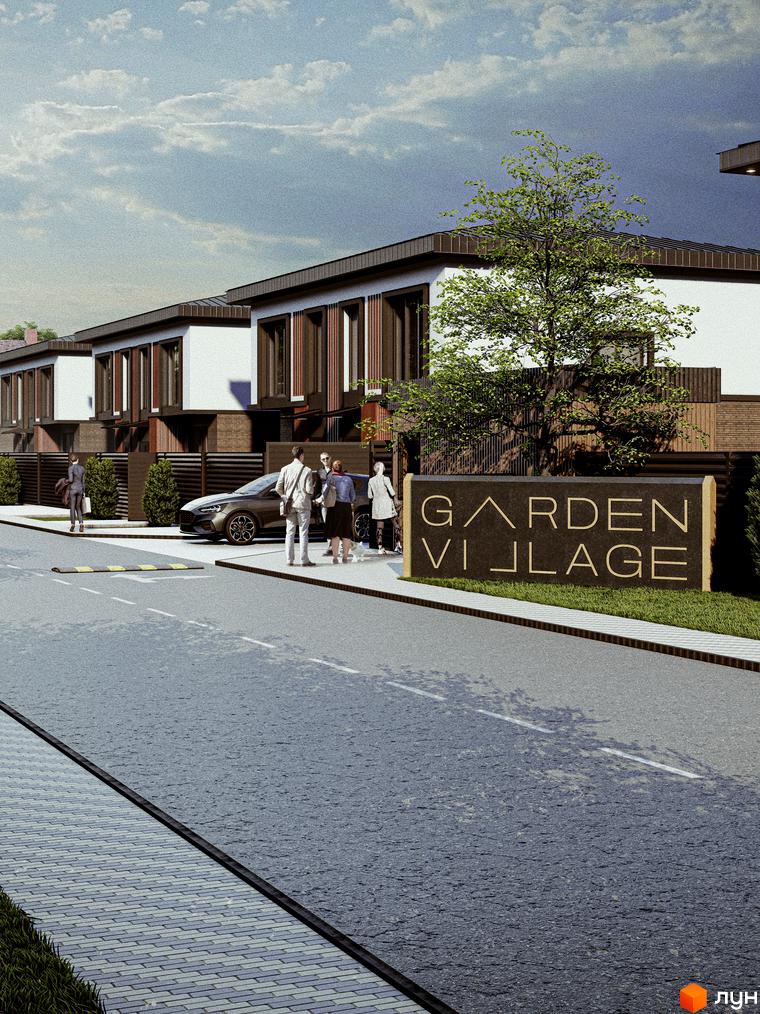 Котеджне містечко Garden Village Petropavlivka: сучасні будинки з панорамними вікнами та доглянутою прибудинковою територією з деревами та дорогою.