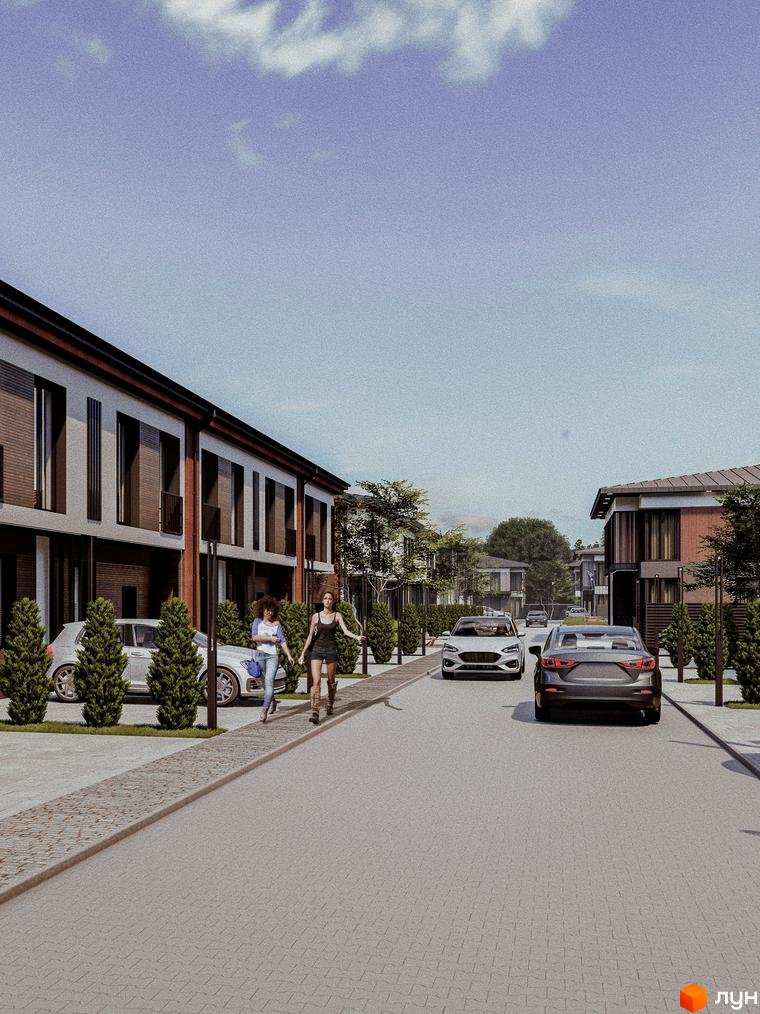Котеджне містечко КМ Garden Village Petropavlivka. Сучасні таунхауси з цегляним фасадом та доглянутою прибудинковою територією з деревами та автомобілями.