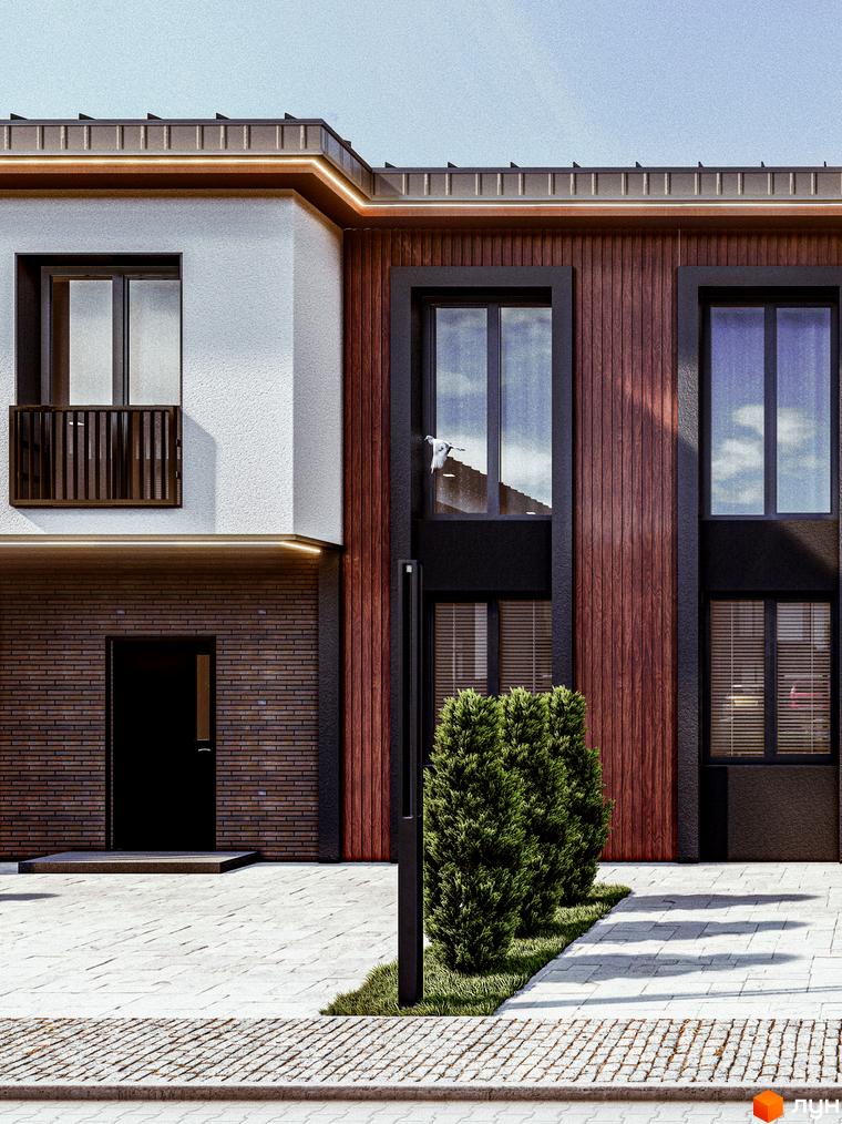 Котеджне містечко Garden Village Petropavlivka. Фасад будинку з білою штукатуркою, дерев'яними панелями та цегляною кладкою, перед ним доглянута зелень та бруківка.