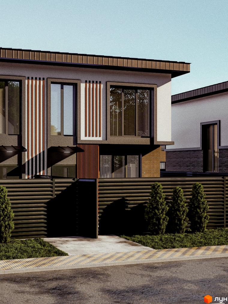 Котеджне містечко КМ Garden Village Petropavlivka. Фасад будинку з великими вікнами та дерев'яними елементами, огороджена територія з зеленими насадженнями.