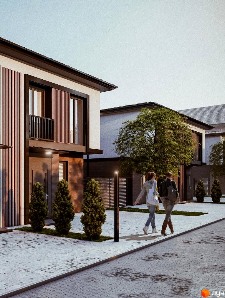 Котеджне містечко Garden Village Petropavlivka: двоповерхові будинки з коричневими та білими фасадами, балконом та великими вікнами. Прибудинкова територія з доріжками з плитки, газоном та молодими деревами.