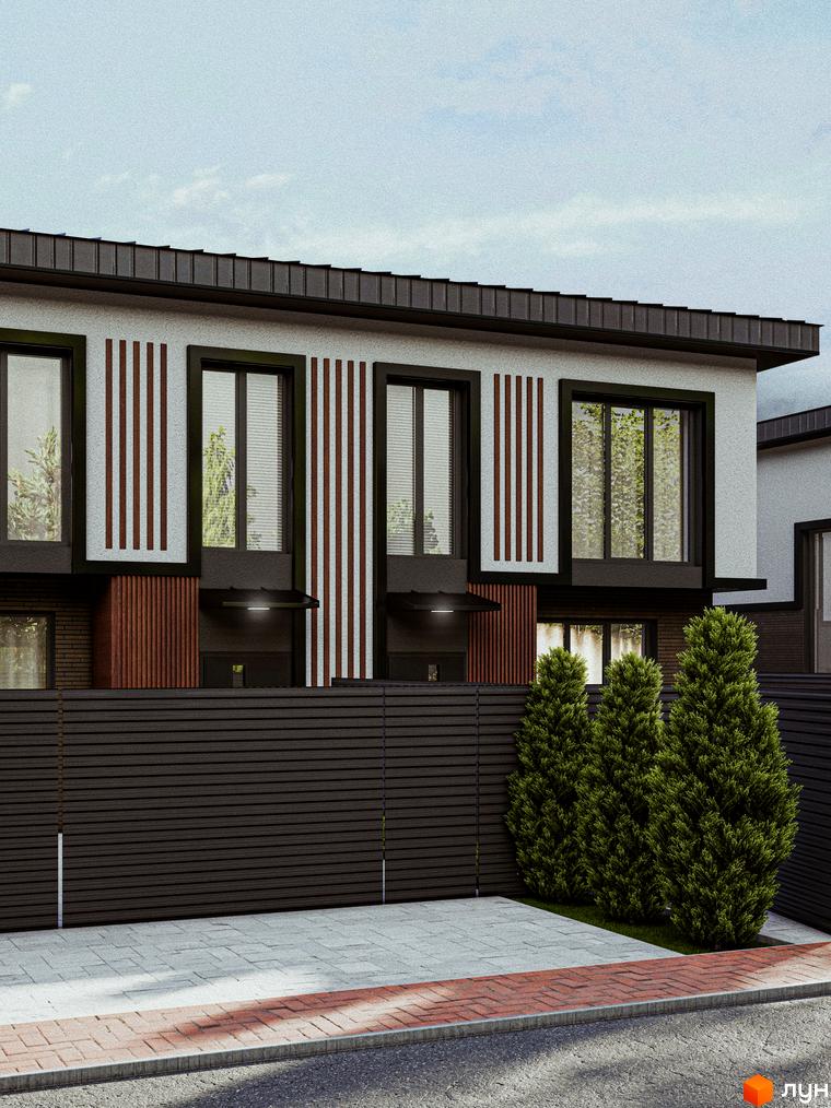 Котеджне містечко КМ Garden Village Petropavlivka. Будинок з білою штукатуркою, темними вікнами та дерев'яними елементами фасаду, огороджений парканом з деревини.