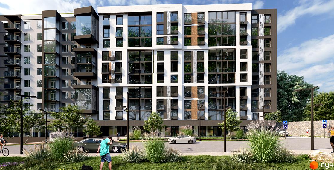 Житловий комплекс Гарний Дім - це сучасна новобудова з панорамними вікнами та балконами. На прибудинковій території розташовані зелені насадження та доріжки.