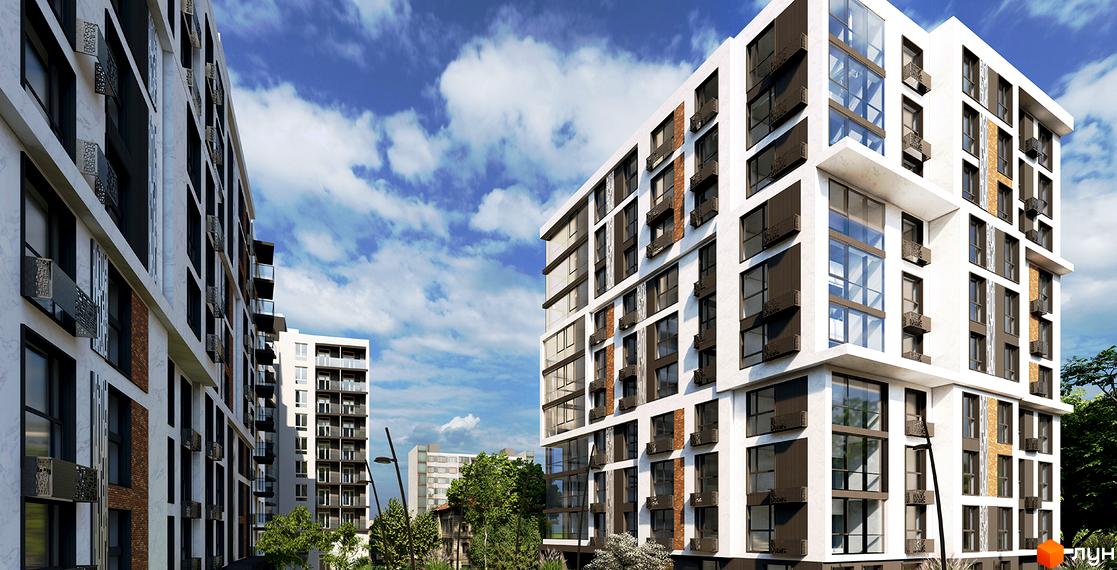 Зовнішній вигляд новобудови ЖК Гарний Дім з білими фасадами та темними елементами, вікнами та балконами. Навколо зелені дерева та блакитне небо з хмарами.