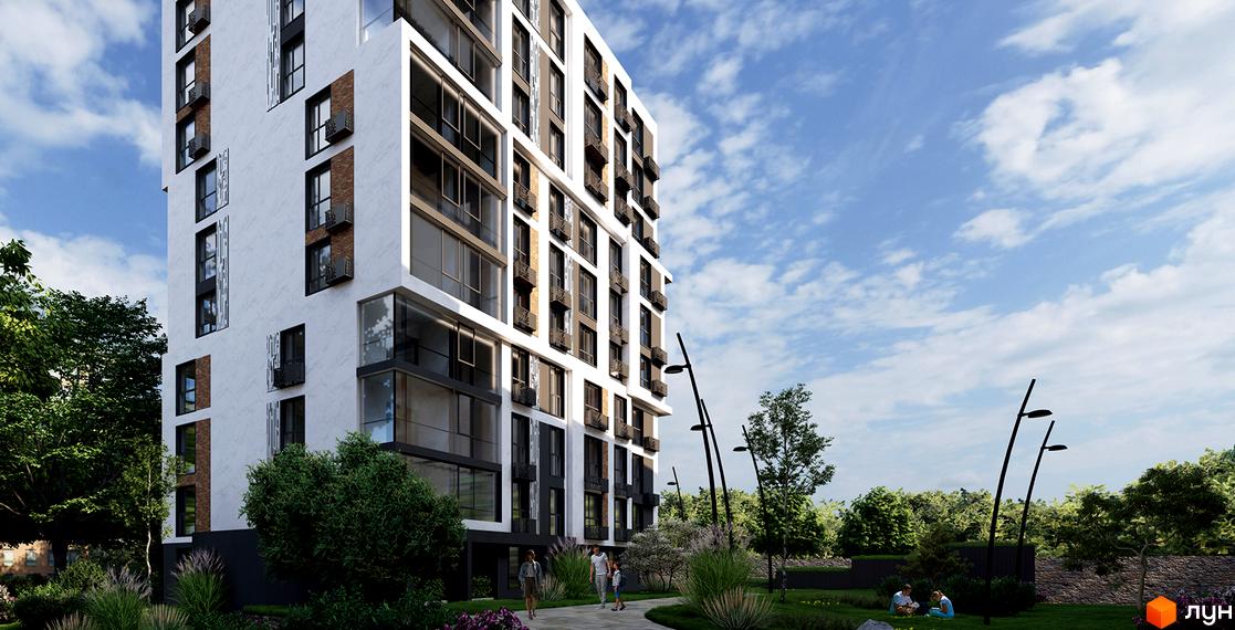 Висотна будівля ЖК Гарний Дім з білими фасадами та темними вікнами. На прибудинковій території доріжки, дерева та ліхтарі.