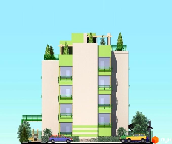 Зображення фасаду Житлового комплексу Квітневий Дім. Багатоповерховий будинок з балконами та озелененням на даху, прибудинкова територія з деревами та автомобілями.