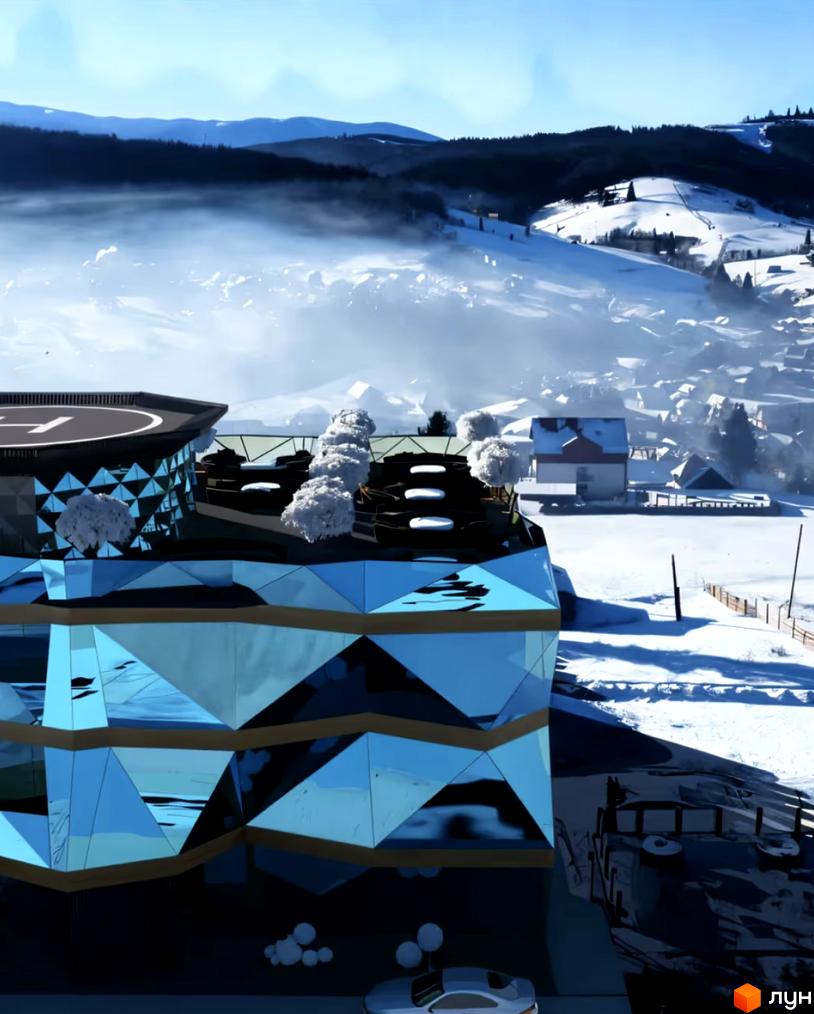 Житловий комплекс Вище Неба у Карпатах: футуристична архітектура з блакитними фасадами та геліпортом на даху на тлі засніжених гір.