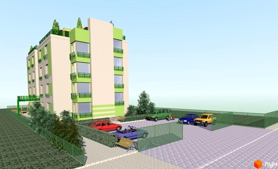 Зображення Житлового комплексу Квітневий Дім: багатоповерховий будинок з зеленими балконами та огородженою прибудинковою територією з парковкою.