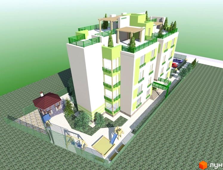 Зображення будинку Житловий комплекс Квітневий Дім. Багатоповерхівка з балконами та терасою на даху, поруч дитячий майданчик та зелена територія.