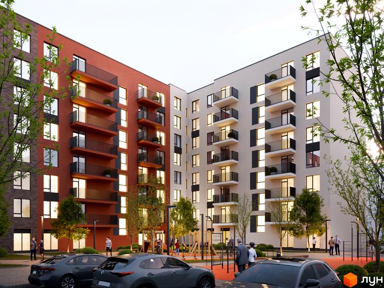 Житловий комплекс Київський. Багатоповерховий будинок з балконами та сучасним дизайном. На території є парковка та дитячий майданчик.