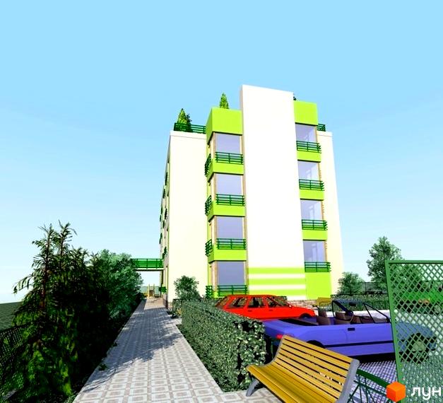 Зображення фасаду та прибудинкової території Житлового комплексу Квітневий Дім. Багатоповерховий будинок з балконами, зелені насадження та автомобілі.