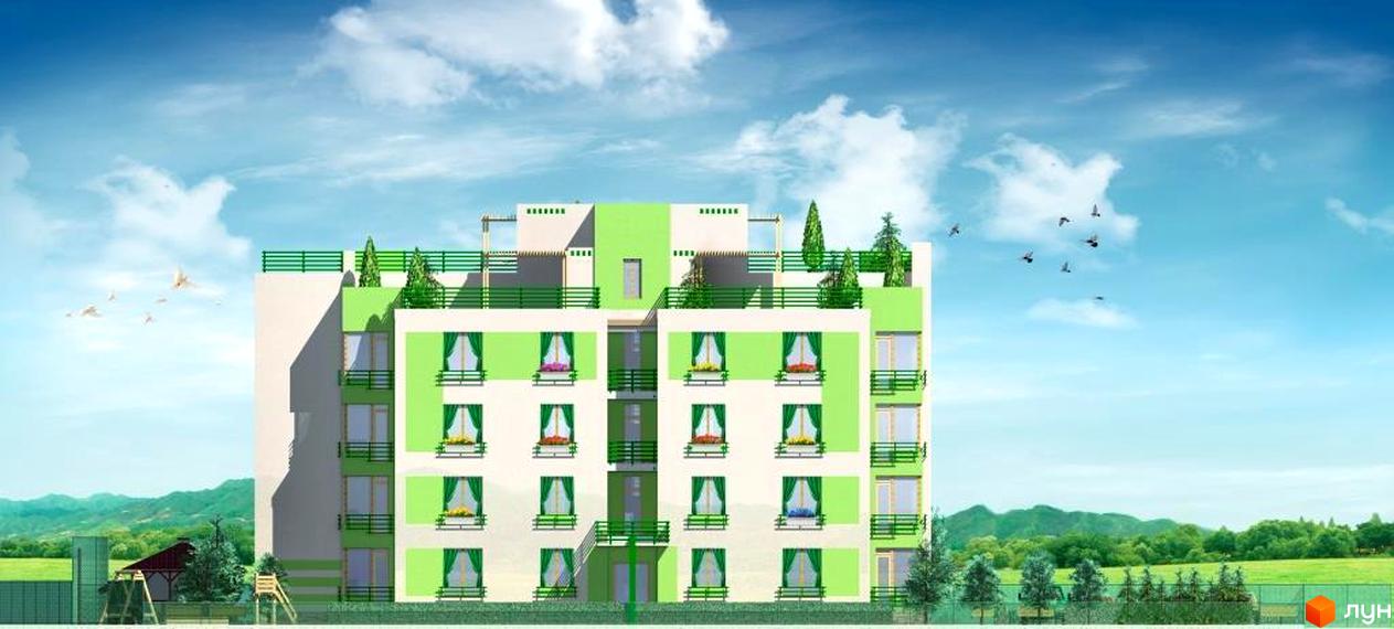 Зображення фасаду та прибудинкової території Новобудови Квітневий Дім. Багатоповерховий будинок з балконами, озелененням та дитячим майданчиком.