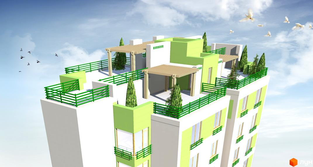 Зображення фасаду багатоповерхового будинку Житлового комплексу Квітневий Дім з терасами на даху. Вид зверху на зелені насадження та благоустрій території.