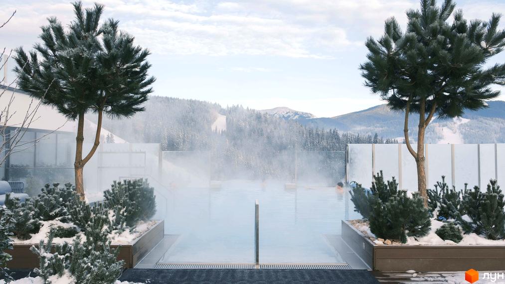 Апарт-комплекс Mountain Residence з відкритим басейном та зимовим гірським пейзажем. Навколо басейну висаджені декоративні ялини та сосни, що створюють затишну атмосферу.