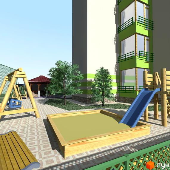 Зображення будинку та дитячого майданчика Житлового комплексу Квітневий Дім. На території є пісочниця, гірка та гойдалка.