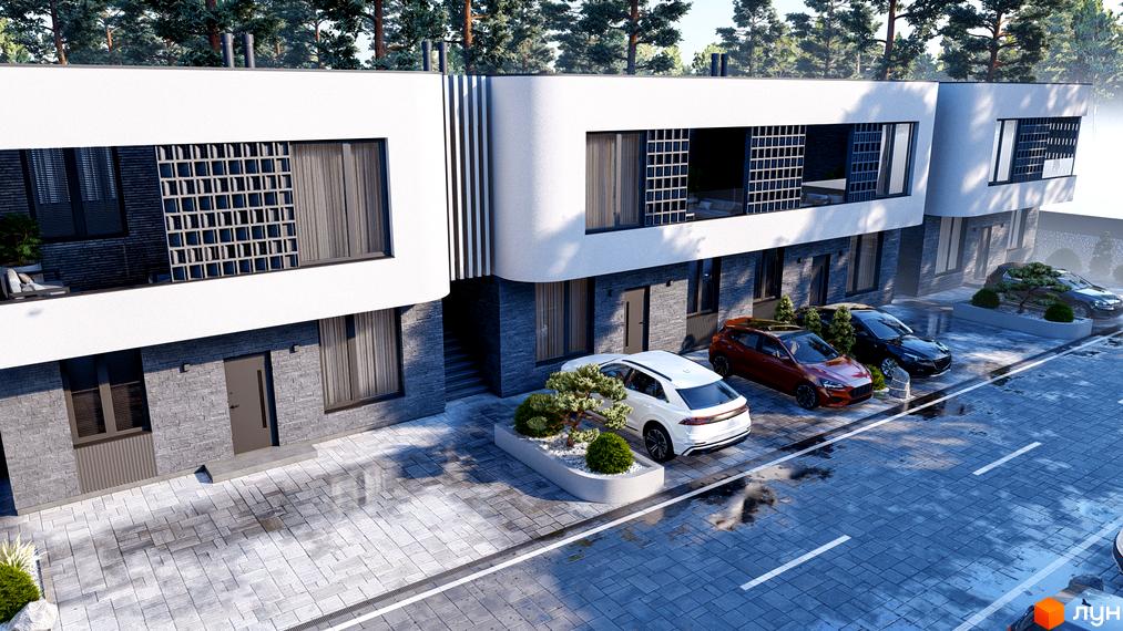 Котеджне містечко КМ TOSCANA CITY з білими фасадами, сірою цегляною кладкою та панорамними вікнами. Прибудинкова територія з паркуванням та зеленими насадженнями.