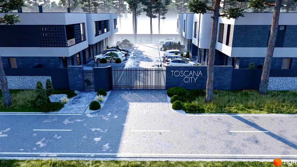 Котеджне містечко TOSCANA CITY з сучасними будинками та упорядкованою прибудинковою територією. На території розташовані автомобілі та зелені насадження.