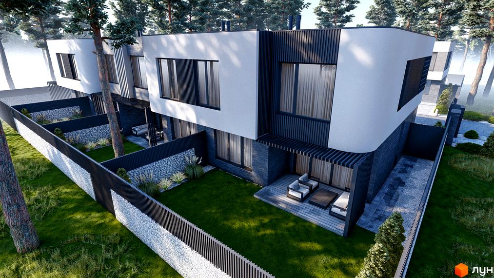 Котеджне містечко TOSCANA CITY: двоповерхові будинки з білою та темною обробкою, великими вікнами та огородженою територією з газоном і деревами.