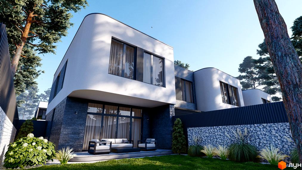 Котеджне містечко TOSCANA CITY з білим фасадом та кам'яним оздобленням, з великими вікнами та зеленою прибудинковою територією з газоном та кущами.