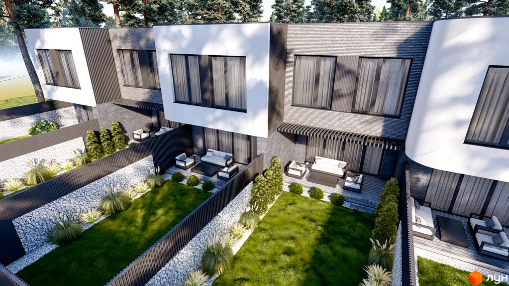 Котеджне містечко TOSCANA CITY. Зовнішній вигляд будинків з великими вікнами та терасами, зелені газони та ландшафтний дизайн.