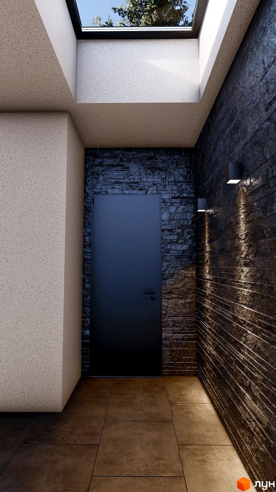 Котеджне містечко TOSCANA CITY. Вхідна група з темною стіною з каменю, дверима та підлогою з плитки.