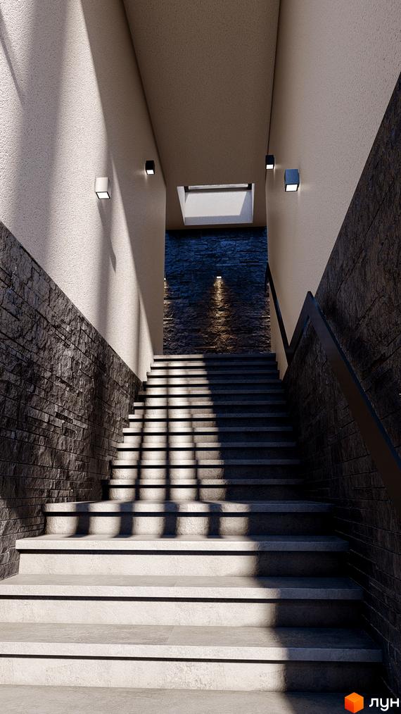 Котеджне містечко TOSCANA CITY. Зовнішні сходи з кам'яним оздобленням та сучасним освітленням.