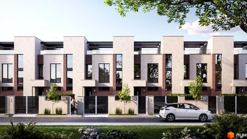 Зображення сторінки житлового комплексу. Таунхауси FAMILY PARK RESIDENCE BC з фасадами світлого кольору, великими вікнами та огородженою прибудинковою територією з деревами.